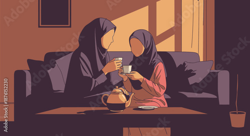 Two women in hijabs share a peaceful moment, enjoying warm tea together on a cozy sofa in a softly lit living room, embodying connection and calm.