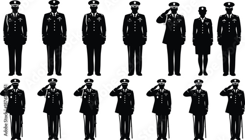 Military Personnel Silhouette Collection Featuring Army Officers Saluting and Standing in Uniform for Veterans Day and Patriotic Memorial Design Projects