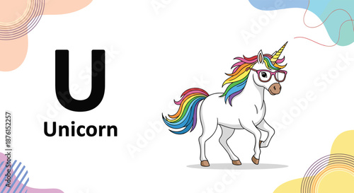 Educational alphabet flashcard for the letter U, featuring a cute cartoon unicorn with rainbow hair and stylish eyeglasses.