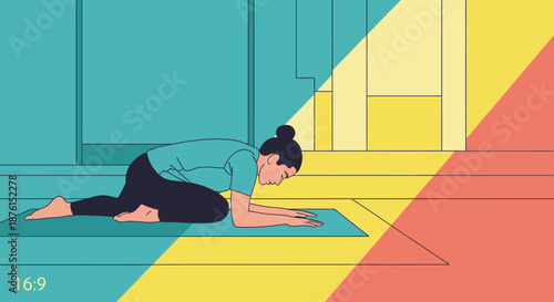 A woman practices a calming yoga pose on a mat, finding peace and flexibility within a modern, abstractly colored indoor setting.