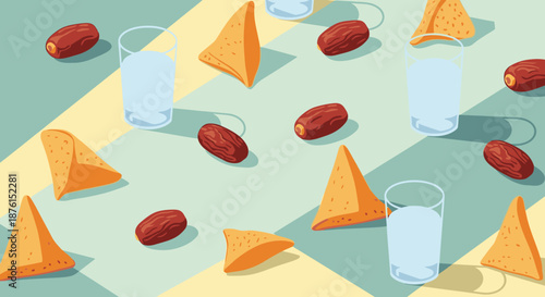 A vibrant flat lay illustration depicting a traditional Iftar meal with dates, milk glasses, and triangular pastries arranged on a patterned background.