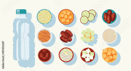 An overhead flat lay shows a water bottle and small bowls with various healthy ingredients like grains, dried fruits, and fresh produce, promoting a balanced diet.