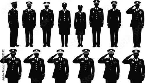 Military Personnel Silhouette Vector Collection Featuring Soldiers in Uniform Saluting and Standing for Veterans Day Memorial and Patriotic Design Projects