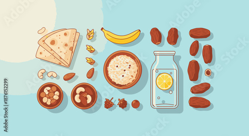 A vibrant flat lay illustration showcasing a diverse collection of healthy breakfast ingredients and snacks, perfect for a balanced diet.