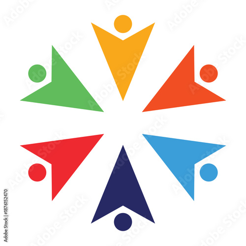 Diverse community logo featuring six colorful abstract human figures in a circular formation for teamwork unity social inclusion and non-profit branding