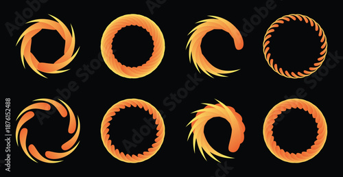 Abstract spiral icons featuring flame-like rings and circular vortex designs for creative branding and energy logos