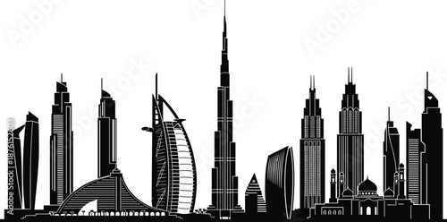 Detailed Dubai City Skyline Silhouette Featuring Burj Khalifa Landmark Skyscrapers and United Arab Emirates Architecture for Middle East Travel and Tourism