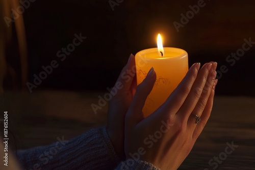 Woman gently cradles a lit candle in her hands, surrounded by a serene atmosphere. The warm glow creates a peaceful ambiance, inviting moments of reflection and tranquility in the setting