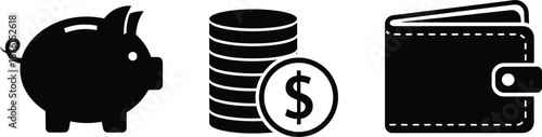 Piggy Bank Stacker Coins and Wallet Silhouette Icon Set Representing Financial Savings Investment Budgeting Banking and Personal Money Management Concepts
