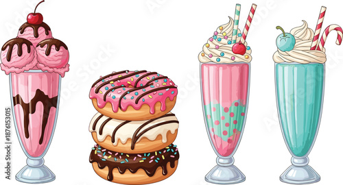 Colorful Vector Illustration Collection of Sweet Summer Treats Featuring Ice Cream Sundae Glazed Donuts and Milkshakes with Whipped Cream and Sprinkles
