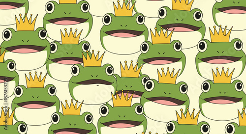 A seamless pattern of repeating cute green frog faces, each wearing a small golden crown like a frog prince or princess.