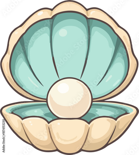 Cute Cartoon Open Turquoise Seashell with Shiny White Pearl Vector Illustration