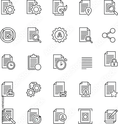 Document file management line icons set, workflow approval search security time share outline vector symbols collection