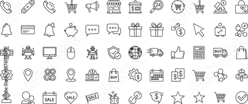 E commerce and online shopping line icon set with retail payment delivery customer service and sale symbols