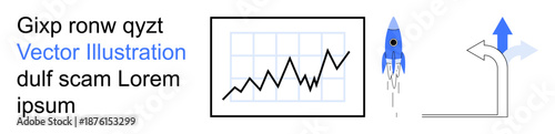 Business growth, analytics, innovation, entrepreneurship, strategic decisions, goal setting. Chart with upward trend, rocket and arrow. Business growth and analytics visual ideas