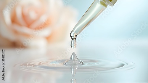 Cosmetic pipette dropping clear liquid serum onto water surface, creating beautiful ripples and splash