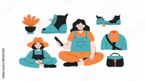 Woman Surrounded by Gardening Tools and Clothing.