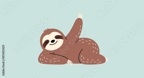 A cute and relaxed cartoon sloth is lying on its side, raising one hand in a cheerful wave on a light blue background.