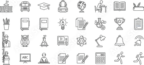 Education school line icons set, learning study classroom student teacher book science outline vector symbols collection academic knowledge backpack graduation