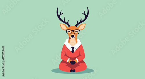 A calm and professional-looking deer dressed in a red business suit and glasses is sitting in a meditative yoga pose.