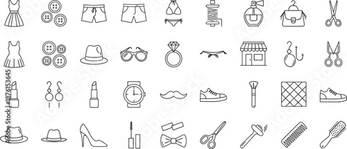 Fashion clothing accessories line icons set with apparel beauty tailoring sewing makeup style outline symbols