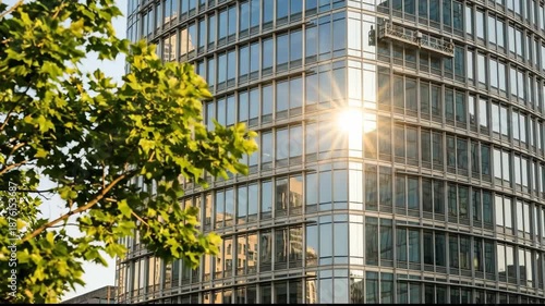 Wallpaper Mural Modern Glass Office Building and Skyscraper Reflect Sunlight, Creating Bright and Dynamic Urban Scene with Green Foliage and Leaves Torontodigital.ca