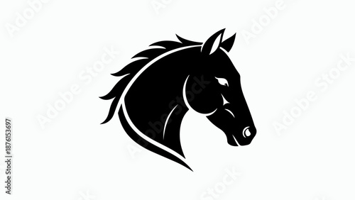 A striking black silhouette of a horse's head with a flowing mane, depicted in a strong and elegant profile against a clean white background.