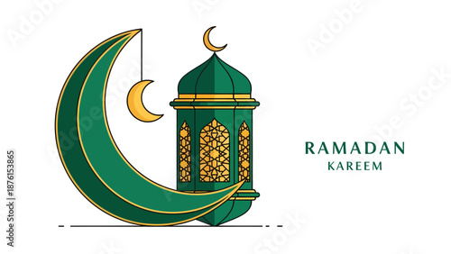 Ramadan Kareem Greeting with Islamic Crescent Moon and Traditional Lantern Illustration on White Background