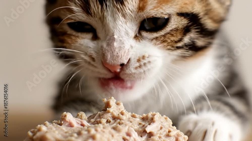 Wallpaper Mural Close-up of a hungry tabby kitten snarling as it eats creamy wet food from a bowl, whiskers quiver!! Torontodigital.ca