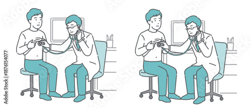 聴診器で診察する男性医師のイラストセット（白衣・男性患者・通常と体調不良）