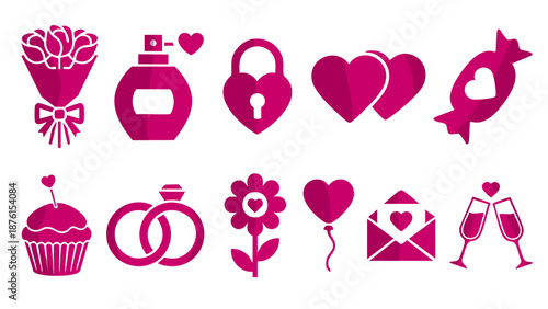 Pink romantic valentine gift icon set with flower perfume and heart lock