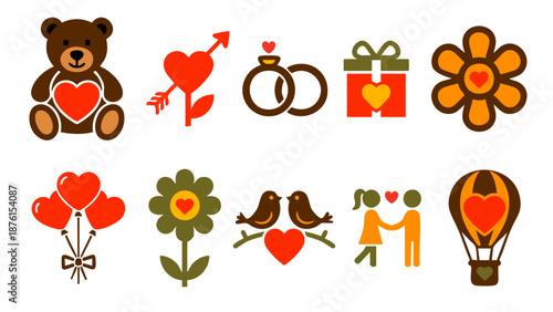 Cute valentine illustration set with teddy bear flower and hot air balloon