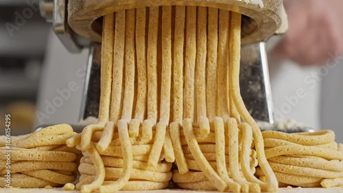 Wallpaper Mural Close-up of freshly extruded golden pasta ribbons from a metal press dusted with flour and coarsely Torontodigital.ca