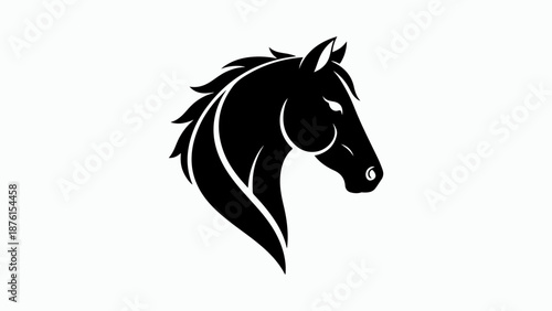 Elegant black silhouette of a horse's head with flowing mane against a white background, stylized and majestic.