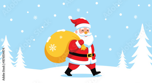 A jolly Santa Claus with a big smile is walking through a snowy winter landscape, carrying a large yellow sack of presents.
