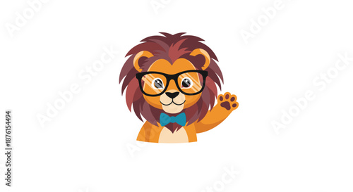 A smart and friendly lion character with a fluffy mane is wearing a blue bowtie and glasses while waving a paw to say hello.