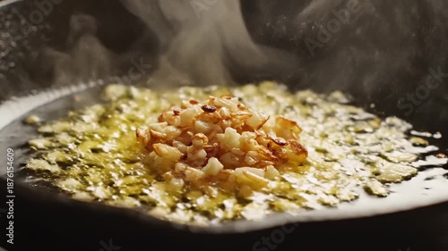 Wallpaper Mural Close-up of minced garlic sizzling in shimmering oil in a dark pan, golden droplets and steam rising Torontodigital.ca