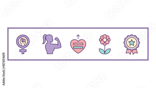 Collection of vibrant flat outline icons symbolizing women's empowerment, gender equality, strength, progress, and achievement for social justice advocacy