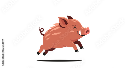 A happy and energetic wild boar with a curly tail and tusks is captured mid-air, joyfully leaping and running.
