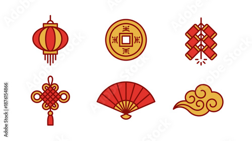 Collection of traditional Chinese New Year icons including lanterns, coins, firecrackers, knots, fans, and clouds