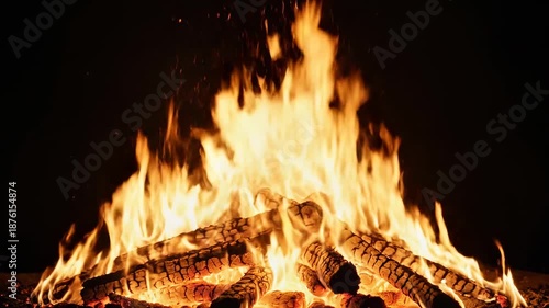 Wallpaper Mural Close-up of roaring orange and yellow flames consuming split logs, glowing embers and smoky nightair Torontodigital.ca