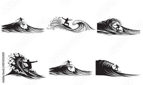 Dynamic black and white vector illustrations of surfers riding large ocean waves, capturing the thrill and power of extreme water sports and coastal adventures.