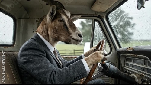 Wallpaper Mural Goat in Suit Driving Old Truck in Rain Surreal Humor with Animal and Human Elements Torontodigital.ca