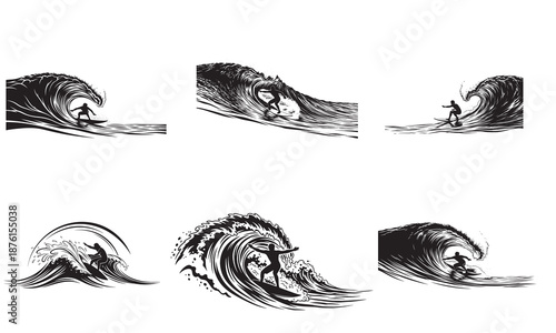 Set of six detailed black and white vector graphics showcasing surfers skillfully maneuvering on powerful, crashing ocean waves, perfect for sports and adventure themes.