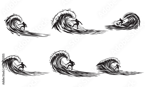 Six energetic black and white vector graphics featuring surfers riding impressive ocean waves, ideal for designs related to extreme sports, summer, and coastal living.