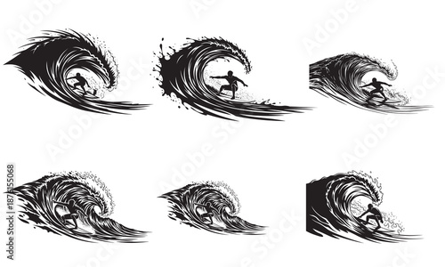 Collection of six striking black and white vector illustrations depicting surfers in silhouette riding massive, curling ocean waves, embodying adventure and the power of the sea.
