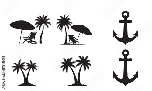 Vector silhouette illustrations of tropical beach elements including palm trees, deck chairs, umbrellas, and anchors, evoking vacation, travel, and seaside relaxation themes.