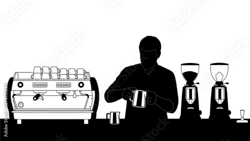 A barista expertly steams milk behind a coffee counter with a coffee machine and grinders nearby