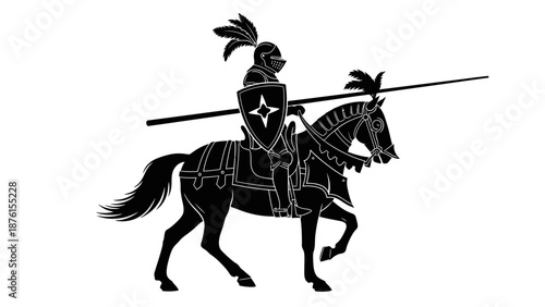 A medieval knight on horseback riding in an arena, lance in hand, in a graphic illustration style