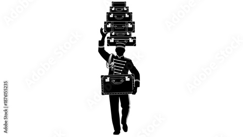 Man carrying multiple suitcases stacked on top of each other in a monochrome illustration